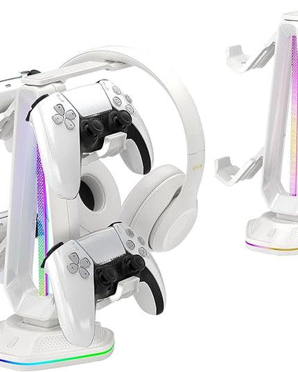 Saitake RGB Controller Stand with 9 Light Modes,Controller Holder with 2 USB Ports,Headset Stand for Desk-Headphone Holder Suitable for All Headphones and Controller (White)