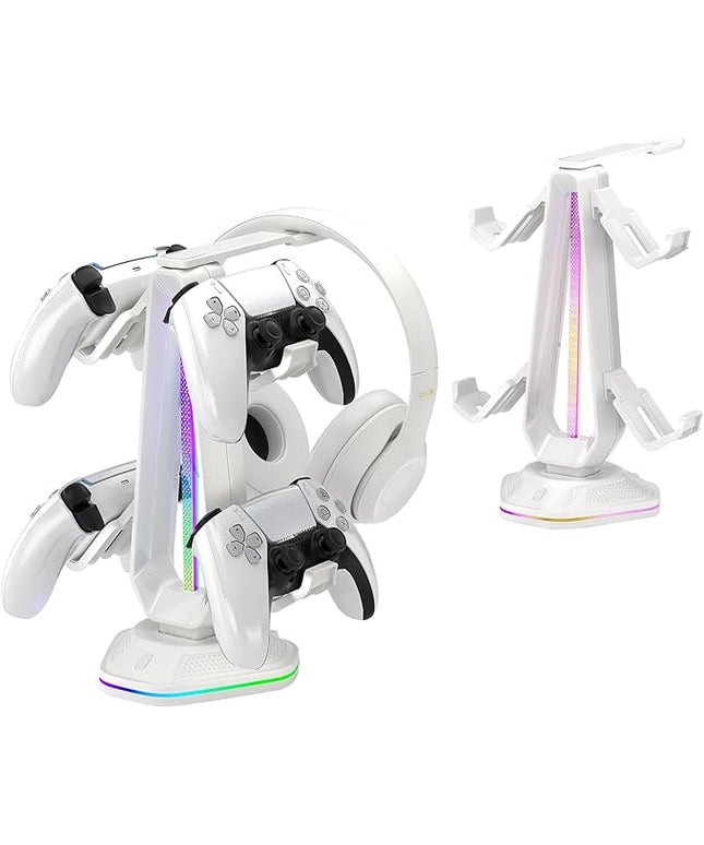 Saitake RGB Controller Stand with 9 Light Modes,Controller Holder with 2 USB Ports,Headset Stand for Desk-Headphone Holder Suitable for All Headphones and Controller (White)