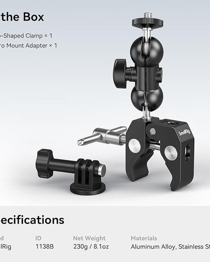 SMALLRIG Super Camera Clamp Mount, Double Ball Head Magic Arm Adapter, Fence/Desk/Tripod Mount for Monitor/Light/Camera, for Insta360, for Gopro