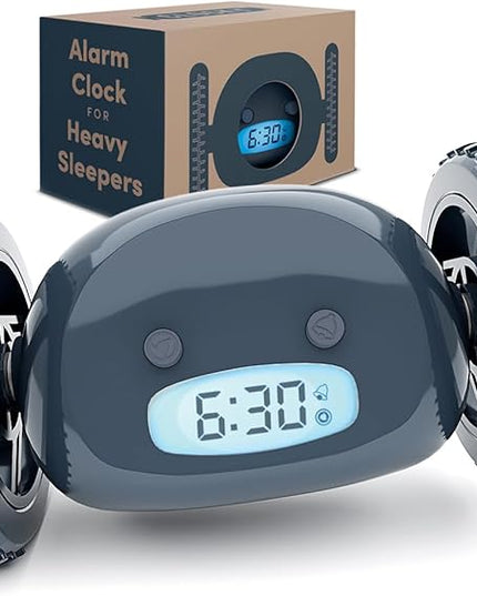 CLOCKY Extra Loud Alarm Clock for Heavy Sleepers on Wheels Rolls Runs Away Vibrating, Easy to Set Super Smart Snooze Digital Bed Shaker Alarm Clock Funny Gift for Adults Kids Teens Bedrooms (Slate)