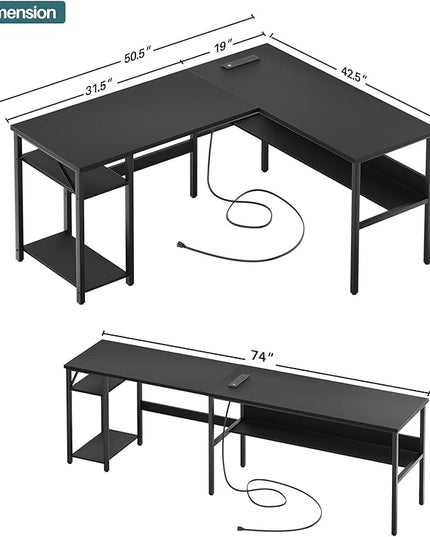 Unikito Reversible L Shaped Desk with Magic Power Outlets and USB Charging Ports, Sturdy Corner Computer Desk with Storage Shelves, Gaming Table Home Office Desk, Easy to Assemble, Black