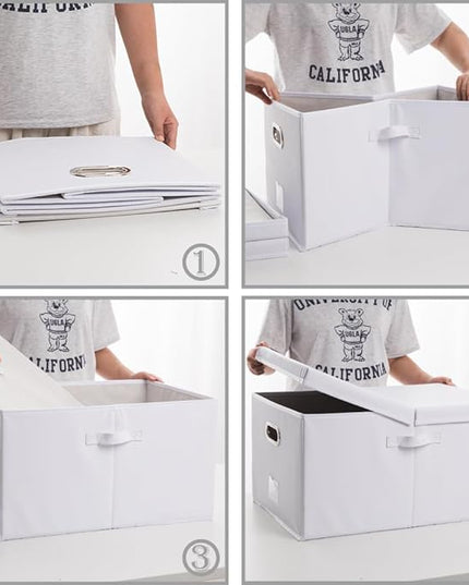 PRANDOM Collapsible Storage Box with Lid [3-Pack] Leather Fabric Foldable Storage Bin Organizer Container Basket Cube with Cover for Home Bedroom Closet Office Nursery White(22.8X15.7X11.8)