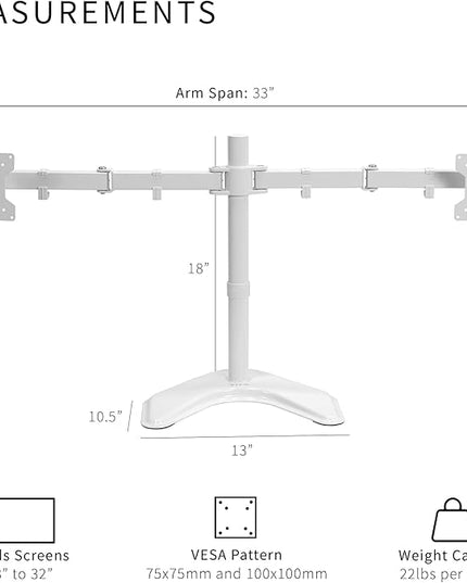 VIVO Dual LED LCD Monitor Mount, Free-Standing Desk Stand for 2 Screens up to 32 Inch, Heavy-Duty Fully Adjustable Arms with Max VESA 100x100mm, White, STAND-V032FW