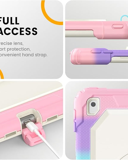 Timecity Case for iPad 9th/ 8th/ 7th Generation 10.2 inch - Heavy Duty Protective Cover with Screen Protector, Rotating Stand, Shoulder Strap & Pencil Holder | Kids-Friendly (Pink Camo)