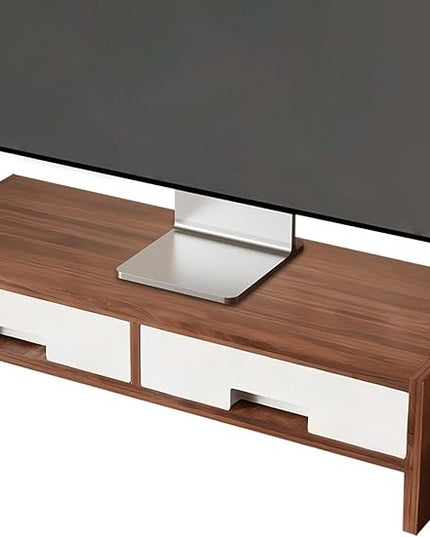 Desk Monitor Stand Riser - Double Drawer Organizer, Ergonomic Adjustable Shelf, Durable Wooden Desktop | Space-Saving Computer Accessory for Home Office Study and Bedroom Setup