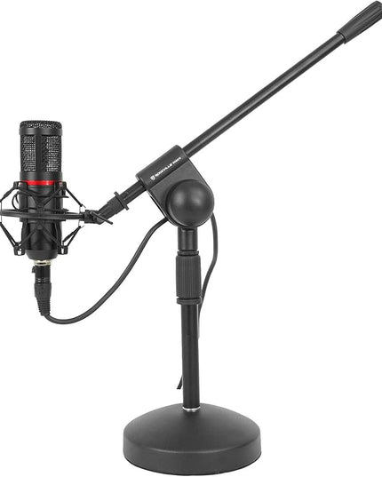 Rockville RDMS70 Desktop Microphone Stand with Boom Arm, Steel Round Base, Adjustable Height, Low Profile, Scratch-Resistant Finish, Anti-Slip Base, for Podcasting and Streaming
