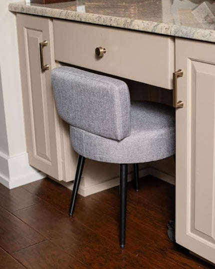 BIRDROCK HOME Linen Chair w/Back - Small Padded Footrest - Compact Round Ottoman Foot Stool - Living Room, Office, Dorm Chair - Upholstered Soft Seating - Black Metal Legs - Couch, Desk, Sofa - Grey