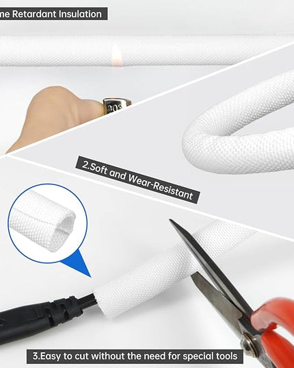 YOUBO Split Braided Cable Sleeve，Flexible Wire Loom Tubing, Automotive Cord Protector Pet Proof, Cable Management for Computer TV Electric Wires Harness 16ft (White, 16mm（5/8")