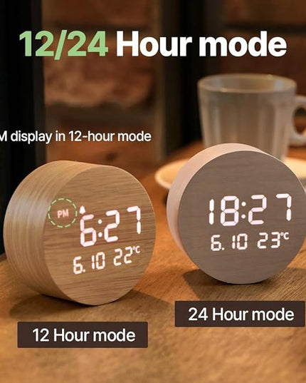 FLT Moonfall Wood Interior LED Desk Clock-Khaki (Designed in Korea)- Time, Date, Temperature Display, Customizable Alarms, Auto Brightness, Compact 3.46-Inch Size, USB Cable & Adapter Included