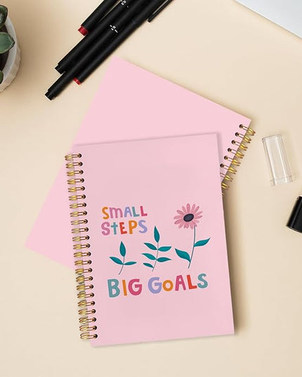 Pink Floral Inspirational Spiral Journal Notebook 5.5x8.3in, Small Steps Big Goals Mental Health Journal for Women, Motivational Notebooks for Note Taking, Pink Flower Hardcover Notebook