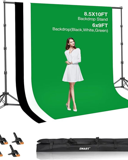 EMART 8.5x10ft Green Screen Backdrop Kit with 6x9ft Polyester Backdrop(Black/White/Green), Adjustable Photography Background Support System for Studio Photography, Parties, Wedding, Video Shooting