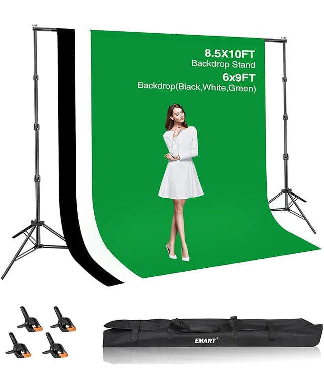 EMART 8.5x10ft Green Screen Backdrop Kit with 6x9ft Polyester Backdrop(Black/White/Green), Adjustable Photography Background Support System for Studio Photography, Parties, Wedding, Video Shooting