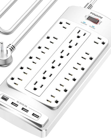 18 Outlets Surge Protector Power Strip - 10 Feet Flat Plug Heavy Duty Extension Cord with 18 Widely Outlets and 4 USB Ports, 2100 Joules, White, ETL Listed