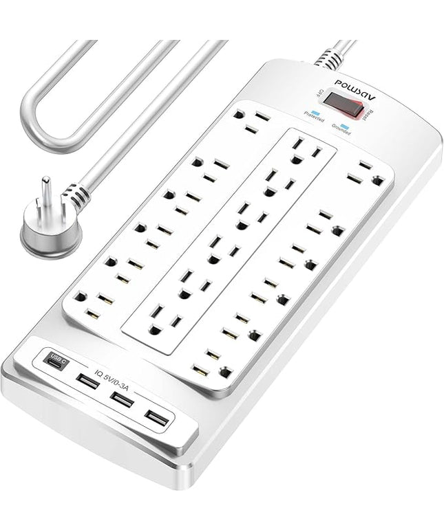 18 Outlets Surge Protector Power Strip - 10 Feet Flat Plug Heavy Duty Extension Cord with 18 Widely Outlets and 4 USB Ports, 2100 Joules, White, ETL Listed