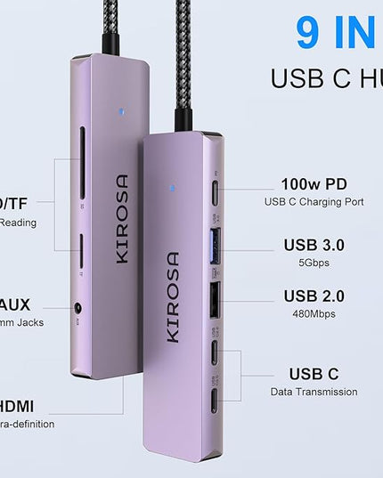 KIROSA USB C Hub: Multiport Adapter for Macbook Pro Air - 9IN1 USBC to HDMI Hub Dongle - Travel USB-C Docking Station for Laptops and Type C Devices (4K HDMI 100W PD USB3.0 SD/TF Card Reader)