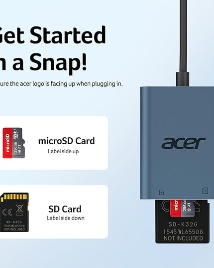Acer SD Card Reader USB C, Dual Slots Type C to Memory Card Reader, Aluminum Micro SD Card Camera Adapter for MicroSD, SDHC, SDXC, Compatible with iPhone16/15, MacBook, Android, Laptop-Midnight