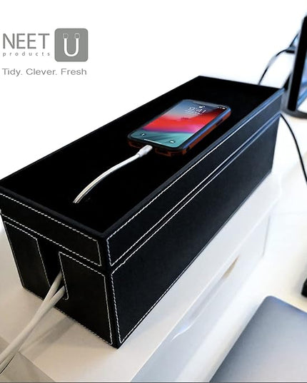 NEET Cable Management Box Large, Computer Cord Organizer, Hide and Conceal, Power Cable Organizer, Computers and Desks, Black Stitched Leather