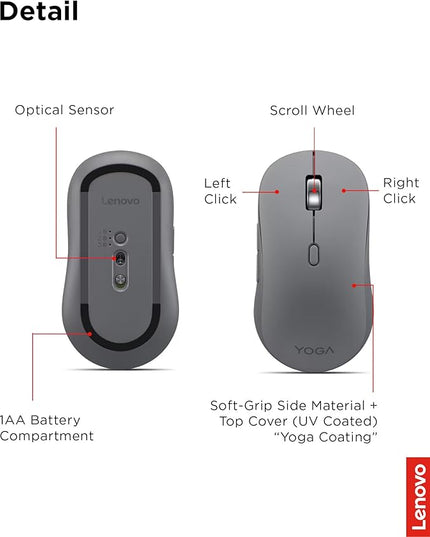 Lenovo Yoga Bluetooth Silent Mouse, 3 Level DPI Adjustment, 36 Month Battery Life, Bluetooth 5.3, 3 Device Paring, Whisper Quiet, Programmable Buttons, Smooth Finish, Luna Grey