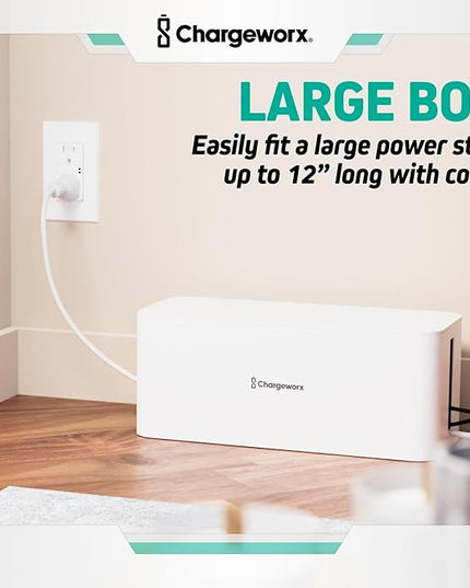 ChargeWorx Cable-Management Box Set, 2 Pack Cord Organizer to Hide Power Strips and Surge Protectors, Desk and Floor Wire Concealer for Home Office, TV Area, White