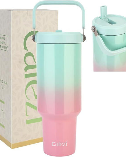 40 oz Insulated Tumbler with Top Handle and Flip Straw, Vacuum Insulated Stainless Steel Cup, Sweat-Free, Fits Cup Holder, Keeps Drinks Cold up to 30 Hours