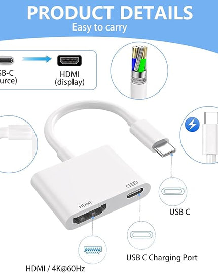 USB C to HDMI for TV, 4K@60Hz Type C to HDMI Adapter with Charging Port, iPhone to Hdmi to USB C Adapter Compatible for iPhone 16/15 Series/iPad Pro/Galaxy/MacBook Pro to HDTV Projector