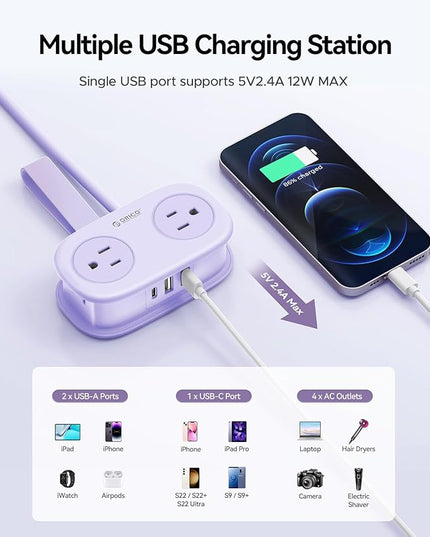 ORICO 4FT Purple Travel Power Strip with 4 AC Outlets, 2 USB-A Ports, and 1 USB-C Port, 45° Flat Plug Extension Cord with Non Surge Protector for Travel/Home/Dorm/Office-AP3