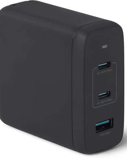 Amazon Basics Fast Charging USB C Nano GaN Wall Charger, 120W 3-Port for Laptops Tablets Phones, Black