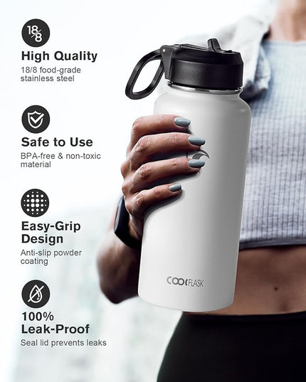 Coolflask Water Bottle 32 oz Insulated with Straw, Stainless Steel Metal 3 Lids Water Flask Wide Mouth for Sports or Office, Non-BPA Keep Cold Up to 48 Hrs or Hot Up to 24 Hrs, White