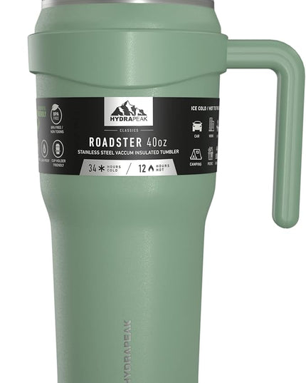 Hydrapeak Roadster 40oz Stainless Steel Tumbler Double Wall Vacuum Insulated Water Bottle With Handle And 2 in 1 Straw Lid (Sage)
