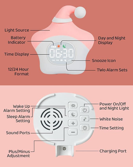 Star Alarm Clock with Night Light for Kids with Sleep Training and Sound Machine, Rechargeable Silicone Lamp OK to Wake Clock，Cute Animal Tabletop Lamp, Perfect Sleep Companion for Boys Girls, Pink