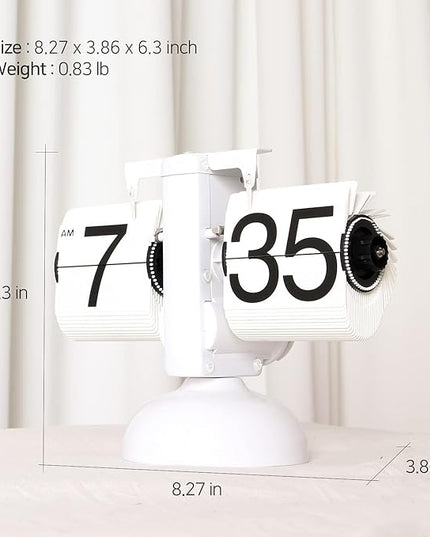 mooas Flip Desk Clock (White), Retro Vintage Design Auto Flip Clock Desk Clock Table Clock Large Number Battery Powered Internal Gear Operated Home Décor Ideal for Home Office School Hotel Café
