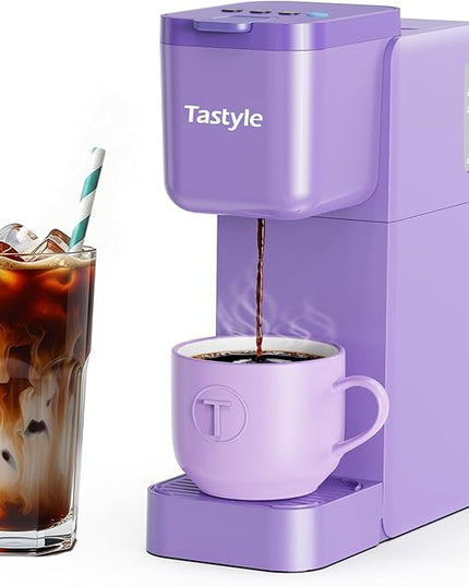 Single Serve Coffee Maker Hot and Iced with Bold Brew, Small Coffee Machine for K Cup and Ground, Fits 7.3'' Travel Mug, Brews up to 16 Oz, 5 Cup Sizes, Compact for Office, RV& Hotel, Lavender