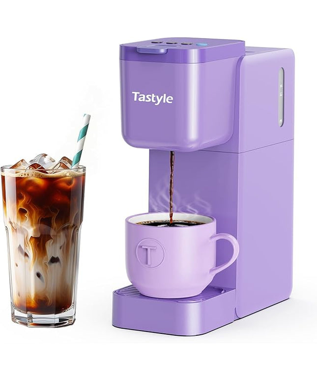 Single Serve Coffee Maker Hot and Iced with Bold Brew, Small Coffee Machine for K Cup and Ground, Fits 7.3'' Travel Mug, Brews up to 16 Oz, 5 Cup Sizes, Compact for Office, RV& Hotel, Lavender