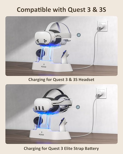 NexiGo Enhanced Charging Dock for Meta Quest 3 and 3S, with LED Light [On/Off], [Support Elite Strap with Battery], Headset Display Holder and Controller Mount, Rechargeable Batteries, White