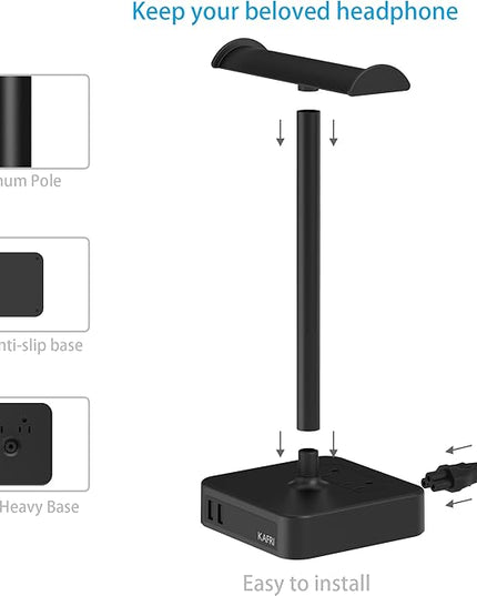 KAFRI Dual Headphone Stand with USB Charger Desk Gaming Double Headset Holder Hanger Rack with 2 USB Charging Port and 2 Outlet - Suitable for Gamer Desktop Table Game Earphone Accessories Gift