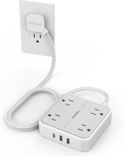 TESSAN Surge Protector Flat Extension Cord 5Ft, Flat Plug Power Strip with 4 Outlets 3 USB Ports (1 USB C), 900 Joules Protection, Multiple Wall Outlet Extender Suitable for Home Office Dorm, Grey
