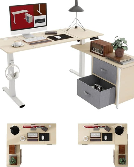 SANODESK 55'' L Shaped Standing Desk with 2-Drawer File Cabinet, Electric Height Adjustable Stand up Desk w/USB Charge Ports, Home Office Modern Wood Computer Desk with Shelves,White Frame/Maple Top