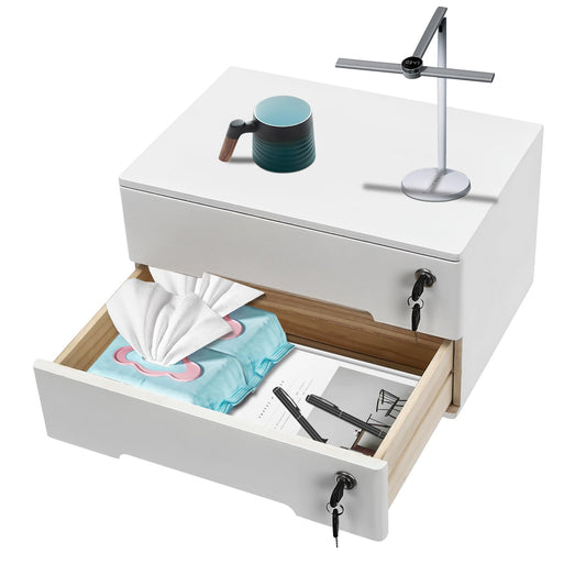 Wooden Desktop Storage Box with Lockable Drawers,2 Drawer Desktop Organizer Cabinet,Flat File Cabinet,Countertop Storage Cabinet for Office Home Toiletries Supplies Vanity (White 2 locks)