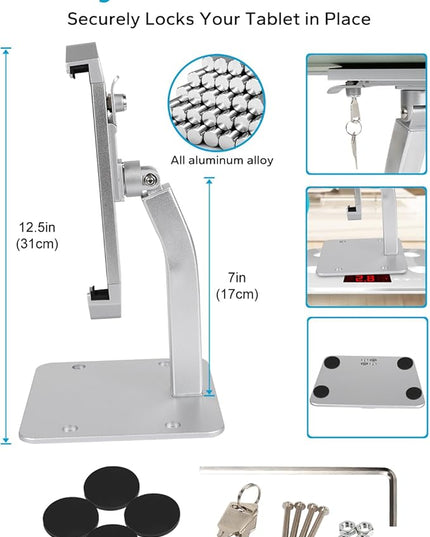 GDZN Anti-Theft Tablet Kiosk Stand with Lock, [Aluminum Arm] Desk Security POS Tablet Stand for Retail/Commercial/Trade Show, Heavy Duty Adjustable iPad Mount for iPad Pro, Galaxy tab, 9-14" Devices