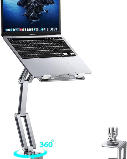 Laptop Mount for Desk, Tablet Arm Mount with 360° Rotating, Aluminum Laptop Tray Adjustable, Foldable Computer Stand/Holder, Fit for 11-17 Inch Laptops (Silver)