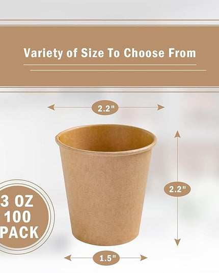 Lamosi 100 Count 3 oz Kraft Paper Cups, Disposable Paper Coffee Cups, 3 Ounce Drinking Cups, Water Cups for Party Picnic Cafe & Bar Use