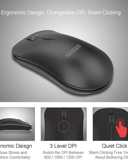 Arteck 2.4G Wireless Keyboard and Mouse Combo Ultra Compact Slim Stainless Full Size Keyboard and Ergonomic Mouse for Computer/Desktop/PC/Laptop and Windows 10/8/7 Build in Rechargeable Battery