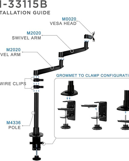 Mount-It! Premium Modular Monitor Desk Mount Arm Stand | Single Tilt Swivel Arm Fits 19 21.5 24 27 32 Inch Computer Screens with 75 100 VESA Patterns | C-Clamp and Grommet Bases | Black