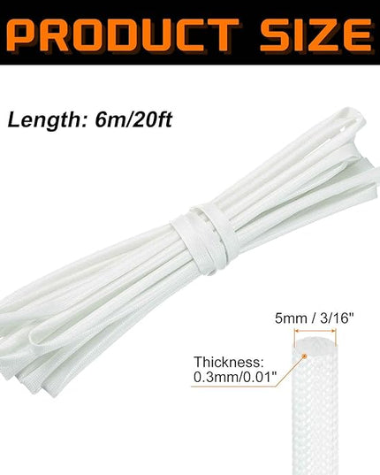 MECCANIXITY 20ft Braided Cable Sleeve, 3/16" ID 200C High Temperature 1500V Fiberglass Wire Insulation Cord Protector Organizer Wires Management for Motor Engine Fuel Line, White
