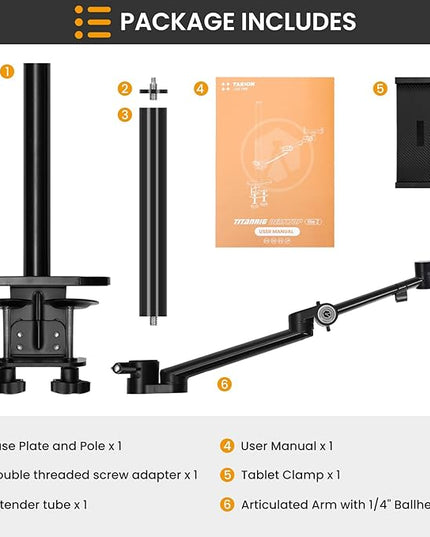 TARION Camera Arm Desk Mount: Heavy Duty DSLR Desktop Mount Camera Stand with Tablet Holder Double C Clamp 1/4 3/8 Screw Adapter Articulating Arm for Selfie Streaming Videography TitanRig Lite Z