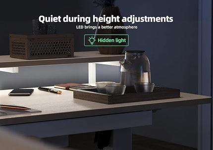 Claiks 63" L Shaped Standing Desk with Drawers and LED Lights, Height Adjustable Electric Corner Standing Desk with Monitor Stand & Power Outlet, 4 Memory Preset, Nature