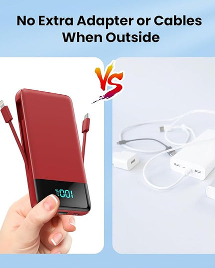 FOCHEW Portable Charger for iPhone with Built in Cables and Wall Plug,Upgraded 13800mAh Fast Charging USB C Power Bank,4 Outputs Travel Essential Battery Pack Compatible with iPhone 15/14/13/12,-Red