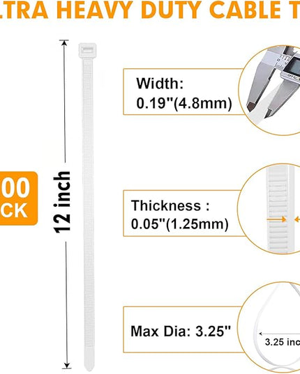 Zip Ties, RAZCC 1200pcs Cable Zip Ties 12 Inch, Heavy Duty White Plastic Wire Ties with 50lb Tensile Strength, Self-Locking Nylon Cable Ties, Wire Management for Indoor and Outdoor