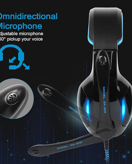 SADES SA902 Stereo Gaming Headset 7.1 USB Surround Sound PC Headsets Over-Ear Gaming Headphones with Microphone LED Light Black Blue