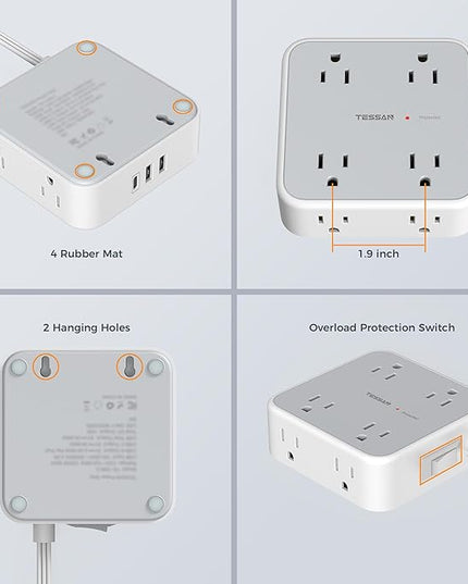 TESSAN Surge Protector Power Strip Flat Plug, Long Extension Cord 10 FT with 8 Outlets, 3 USB Ports(1 USB C), 3-Sided Outlet Extender, 900 Joules Protection, Desk Charging Station for Home, Office